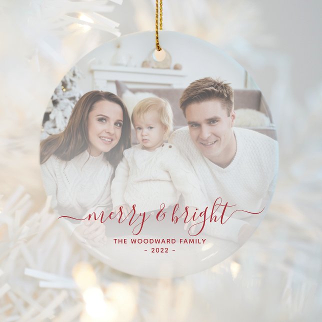 Merry and Bright Family Foto Rotes Skript Keramik Ornament (Von Creator hochgeladen)