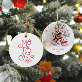 Merry and Bright Foto Name Rose Gold Weihnachten Keramik Ornament
