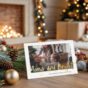 Merry and Bright Gold Foil Script Foto Weihnachten Folien Feiertagspostkarte