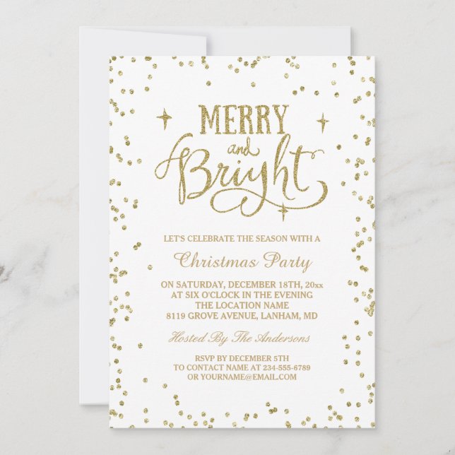 Merry and Bright Gold Glitzer Dots Weihnachts-Part Einladung (Vorderseite)