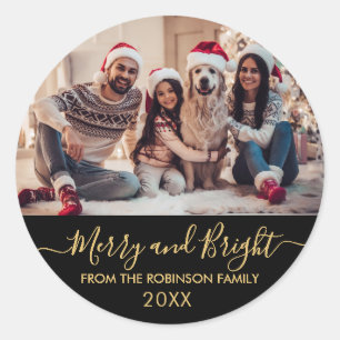 Merry and Bright Gold Script Black Foto Weihnachte Runder Aufkleber