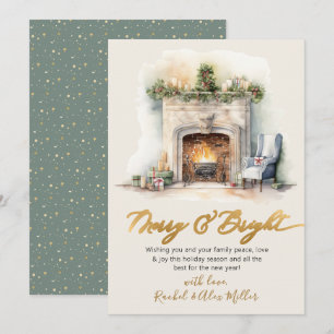 Merry and Bright Gold Script Fireplace Non Foto Feiertagskarte