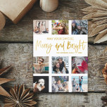 Merry and Bright Gold Script Foto Collage Postkarte<br><div class="desc">Moderne und einfache Weihnachtsgrüßkarte. Leichter und heller Text ist in Imitaten Goldfolie,  mit 9 Foto Platzierung Vorlage. Passen Sie Ihre Daten mit Ihren einzigartigen Informationen an.</div>