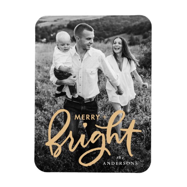 Merry and Bright Gold Script Holiday Foto Magnet (Vertikal)