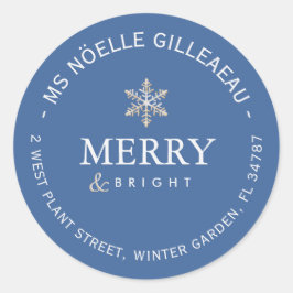 Merry and Bright Gold Snowflake Blau Minimalistisc Runder Aufkleber