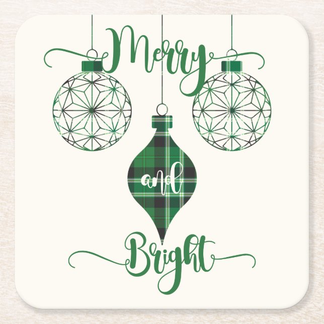 Merry and Bright Green Plaid Ornament Rechteckiger Pappuntersetzer (Vorderseite)