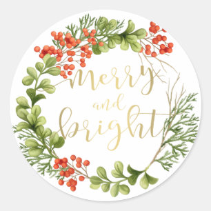 Merry and Bright Greenerity Wreath Holiday Runder Aufkleber