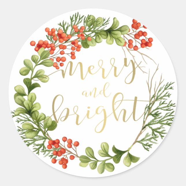Merry and Bright Greenerity Wreath Holiday Runder Aufkleber (Vorderseite)