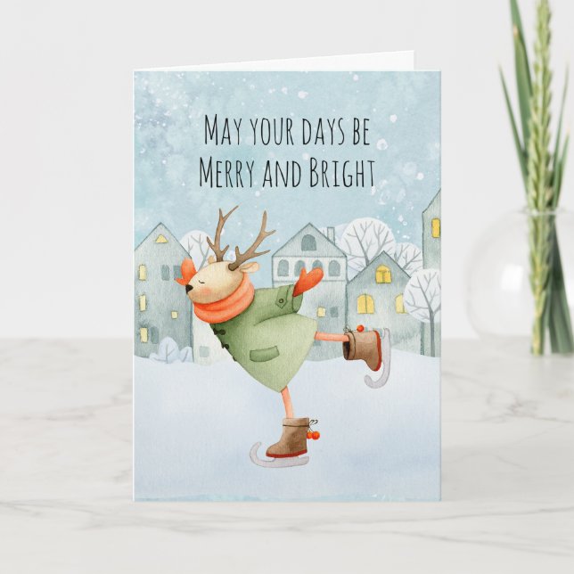 Merry and Bright Holiday Skaten Deer Card Karte (Vorderseite)