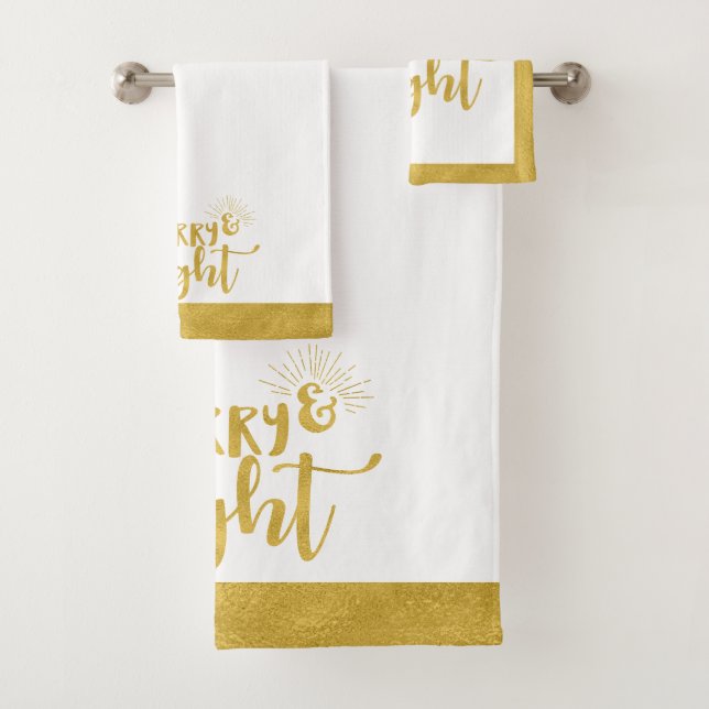 Merry and Bright Imitate Gold Typografie Weihnacht Badhandtuch Set (Insitu)