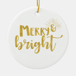 Merry and Bright Imitate Gold Typografy Foto Keramik Ornament