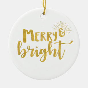 Merry and Bright Imitate Gold Typografy Foto Keramik Ornament