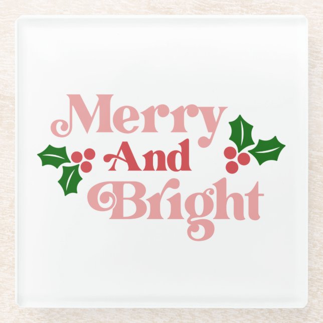Merry and Bright - Klassische Holiday Typografie Glasuntersetzer (Vorderseite)