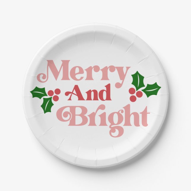 Merry and Bright - Klassische Holiday Typografie Pappteller (Vorderseite)