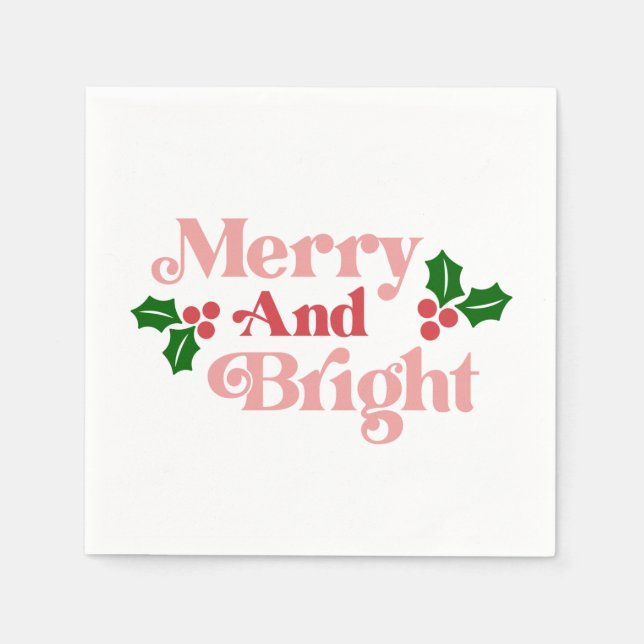 Merry and Bright - Klassische Holiday Typografie Serviette (Vorderseite)