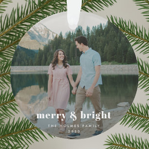 Merry and Bright   Modern Christmas Couple Photo Ornament