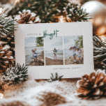 Merry and Bright Modern Foto Holiday Card Feiertagskarte<br><div class="desc">Moderne minimalistische Typografie Design "Merry & Bright" Weihnachtsfotokarte. Merkmale,  drei senkrechte Fotos,  festgrünes "helles" Skript und die Koordination der grünen Farbabdeckung. Textzeilen für Vorder-,  Nachrichten- und Rücknamen für Vorder- und Nachnamen.</div>