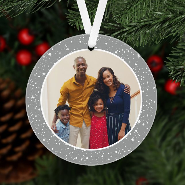 Merry and Bright Modern Silver Stars Family Foto Ornament (Von Creator hochgeladen)