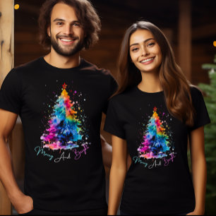 Merry and Bright Neon Watercolor Weihnachtsbaum T-Shirt