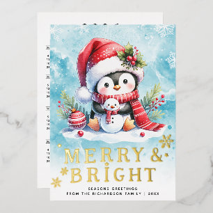 Merry and Bright Penguin Blue Red Gold Weihnachten Folien Feiertagskarte