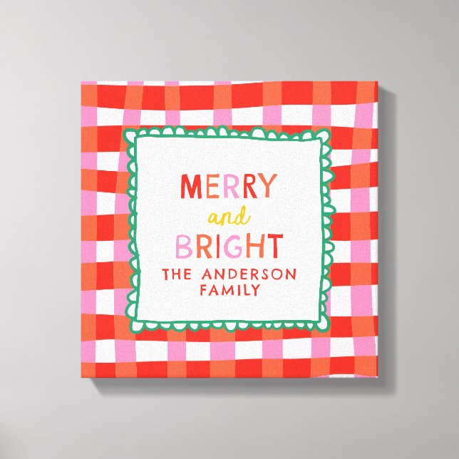 Merry and Bright Personalisiert Gingham Red & Pink Leinwanddruck (Vorderseite)
