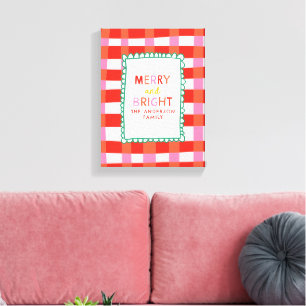 Merry and Bright Personalisiert Gingham Red & Pink Leinwanddruck