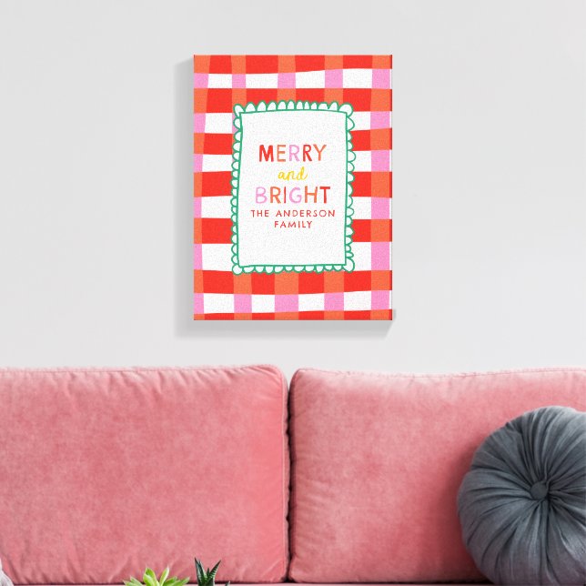 Merry and Bright Personalisiert Gingham Red & Pink Leinwanddruck (Insitu (Wohnzimmer))