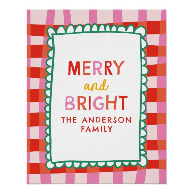 Merry and Bright Personalisiert Gingham Red & Pink Poster (Vorderseite)