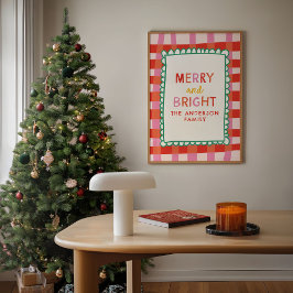 Merry and Bright Personalisiert Gingham Red & Pink Poster