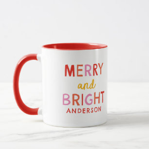 Merry and Bright Personalisiert Gingham Red & Pink Tasse