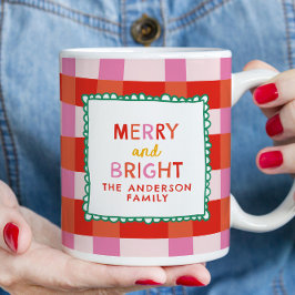 Merry and Bright Personalisiert Gingham Red & Pink Tasse