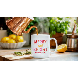Merry and Bright Personalisiert Gingham Red & Pink Tasse