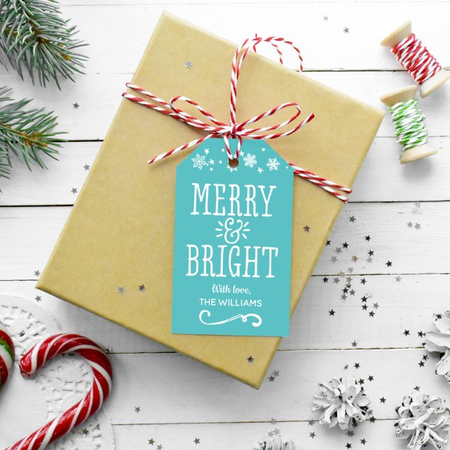 Merry and Bright Personalized Teal Blue Holiday Geschenkanhänger (Von Creator hochgeladen)