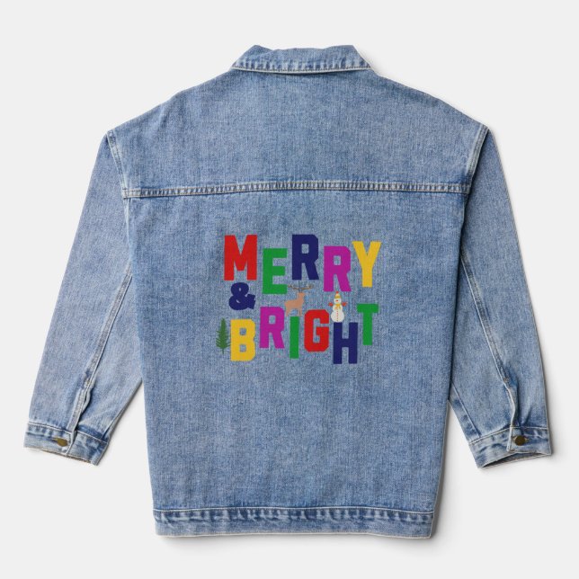 Merry and Bright Pine Tree Rentier Snowman Jeansjacke (Rückseite)
