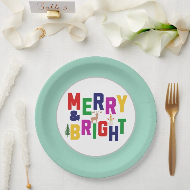 Merry and Bright Pine Tree Rentier Snowman Pappteller (Hochzeit)