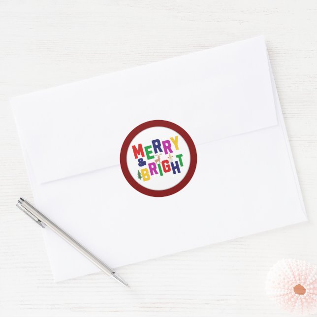 Merry and Bright Pine Tree Rentier Snowman Runder Aufkleber (Umschlag)