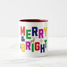 Merry and Bright Pine Tree Rentier Snowman Zweifarbige Tasse