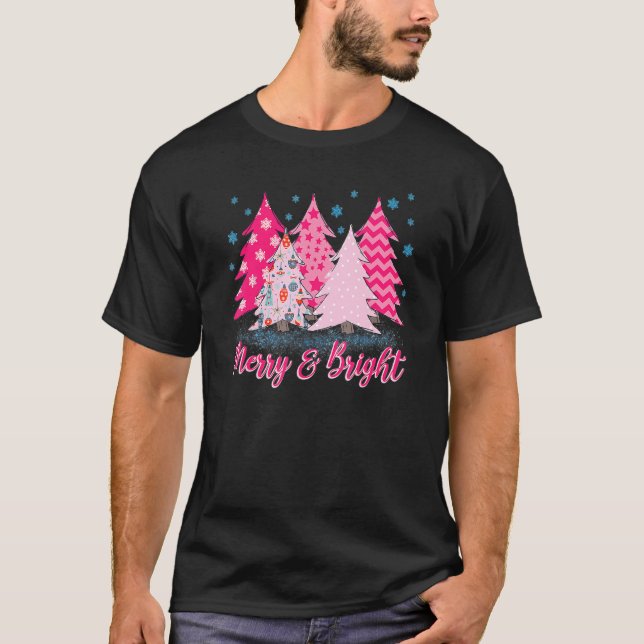 Merry And Bright Pink Christmas Tree T-Shirt (Vorderseite)