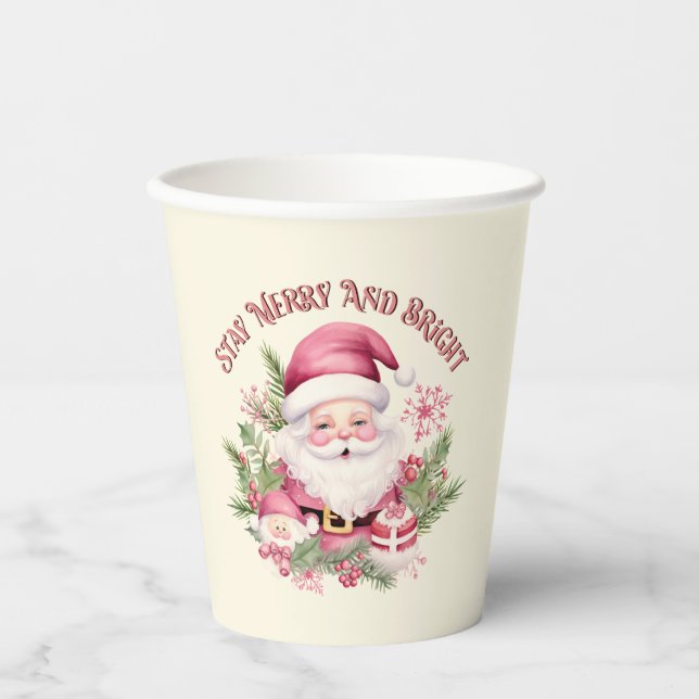 Merry and Bright - Pink Santa Pappbecher (Vorderseite)