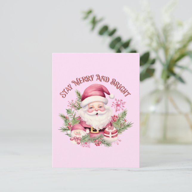 Merry and Bright - Pink Santa Postkarte (Stehend Vorderseite)