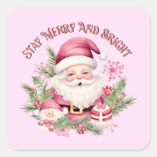 Merry and Bright - Pink Santa Quadratischer Aufkleber