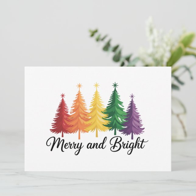 Merry And Bright Rainbow Christmas Tree Gay LGBTQ  Einladung (Stehend Vorderseite)