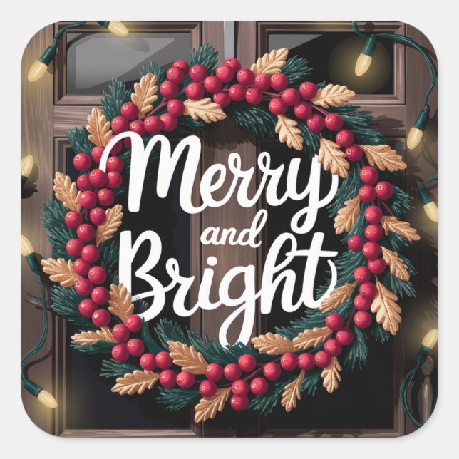 Merry and Bright Red Berry Wreath Weihnachten Quadratischer Aufkleber (Vorderseite)