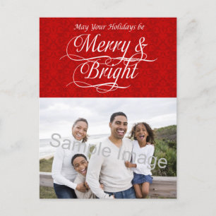Merry and Bright, Red Damask Feiertagspostkarte