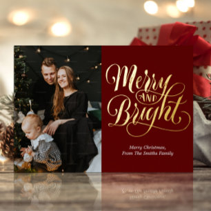 Merry and Bright Red Gold Calligraphy Foto Folien Feiertagskarte
