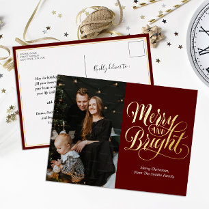 Merry and Bright Red Gold Calligraphy Foto Folien Feiertagspostkarte