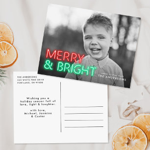 Merry and Bright Red & Green Neon Foto Feiertagspostkarte