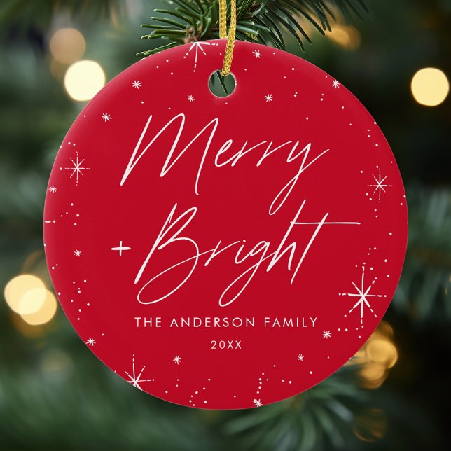 Merry and Bright Red Holiday Foto Keramik Ornament (Von Creator hochgeladen)