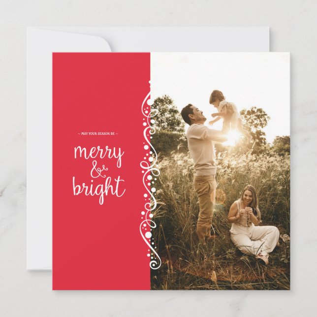 Merry and Bright Red Swirl Square Foto Card Dankeskarte (Vorderseite)