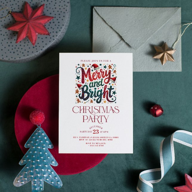 Merry and Bright Retro Typography Party Invite Einladung (Von Creator hochgeladen)